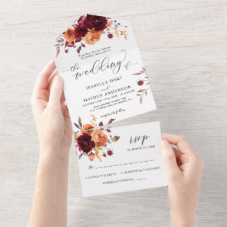 Burnt Orange Burgundy Floral Wedding Details RSVP All In One Invitation