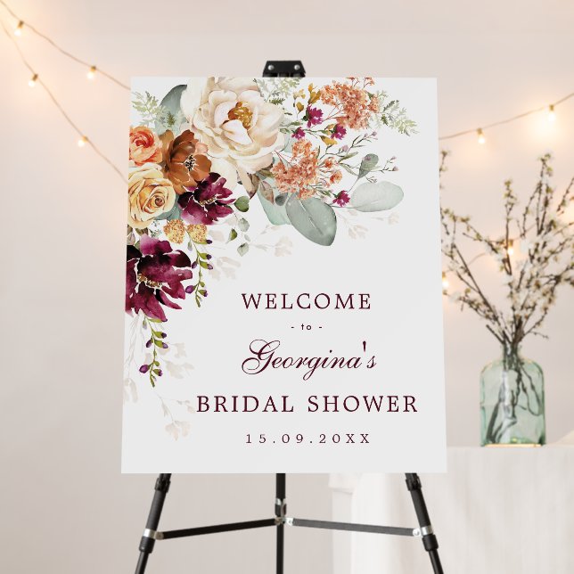 Burnt Orange Burgundy Flower Bridal Shower Welcome Foam Board (In Situ (Stand))