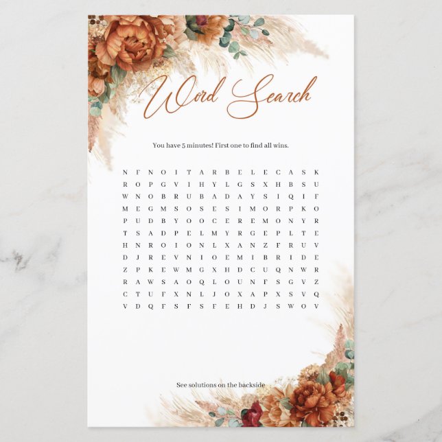 Burnt orange burgundy greenery pampas Word Search (Front)