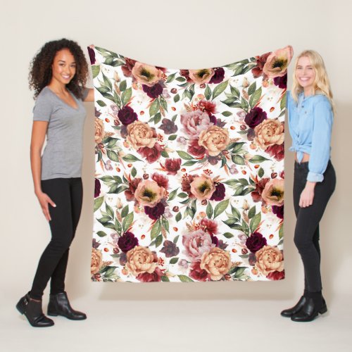 Burnt Orange Burgundy Red Floral Botanical Elegant Fleece Blanket