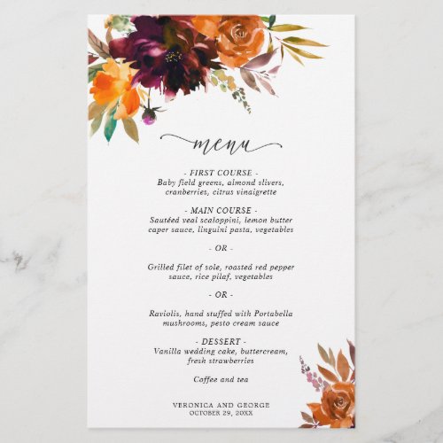 Burnt Orange Burgundy Rustic Wedding Menu