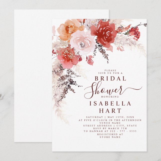 Burnt Orange Burgundy Terracotta Bridal Shower Inv Invitation (Front/Back)