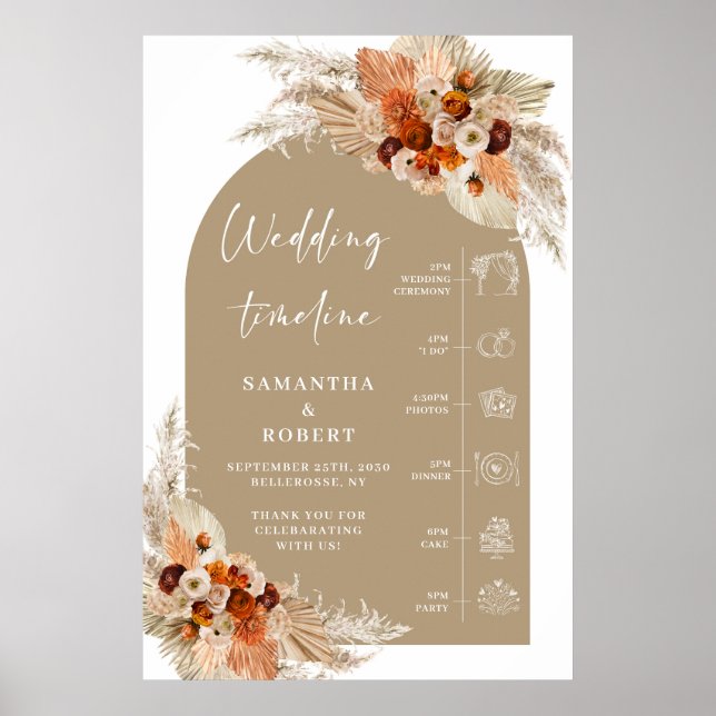 Burnt orange burgundy terracotta Wedding Timeline  Poster (Front)