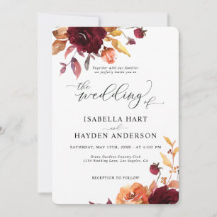 Burnt Orange Burgundy Wine Red Chic Floral Wedding Invitation