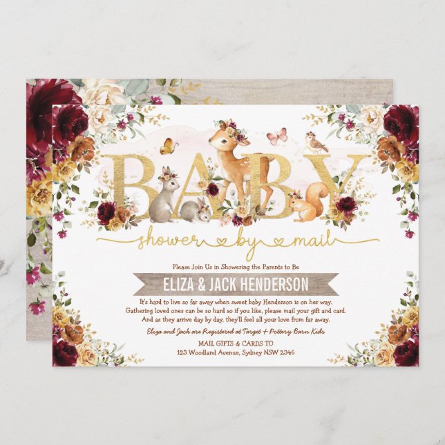 Burnt Orange Burgundy Woodland Baby Shower By Mail Invitation (Front/Back)