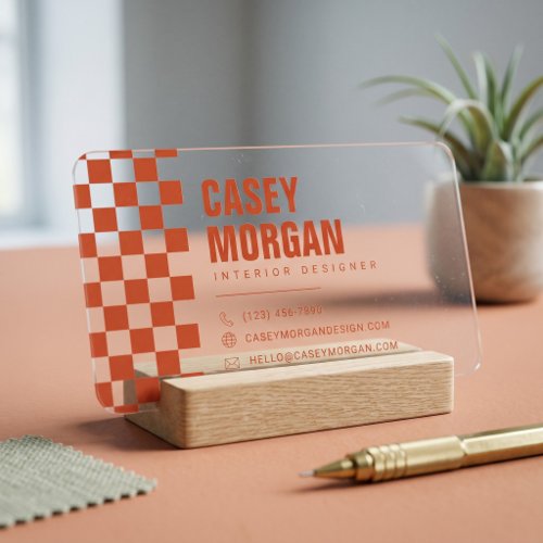 Burnt Orange Checkerboard Modern Clear Business Cards
