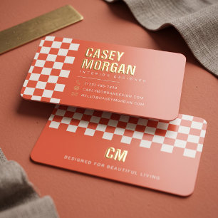 Burnt Orange Checkerboard Modern Foil Business Cards