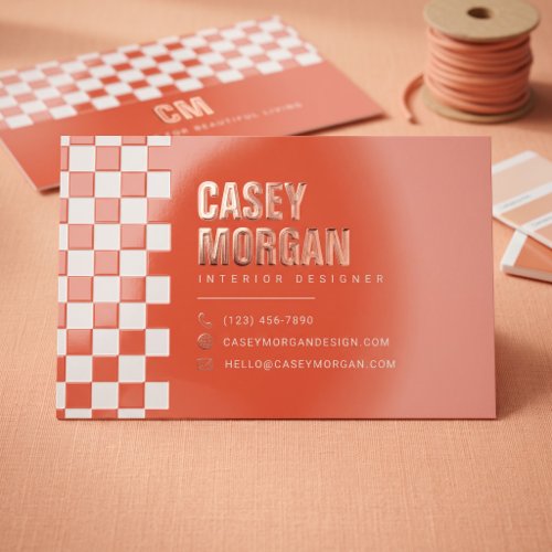 Burnt Orange Checkerboard Modern Foil Spot Gloss Business Cards