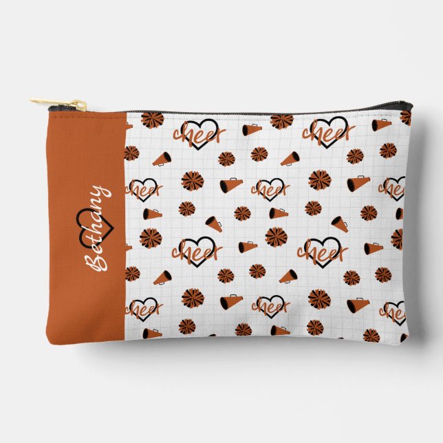 Burnt Orange Cheer Hearts, Pom Poms, Megaphone Accessory Pouch (Front)