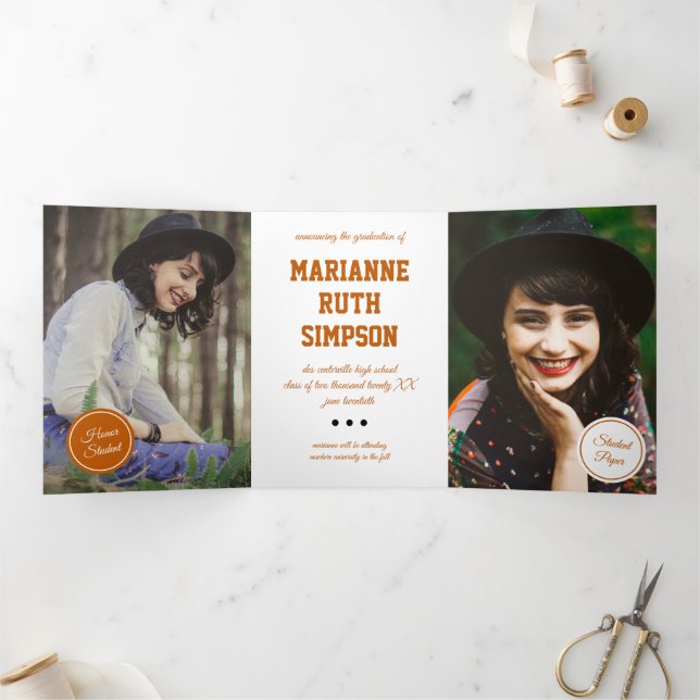 Burnt Orange Circles 5-Photo Graduation Tri-Fold Invitation (Inside)