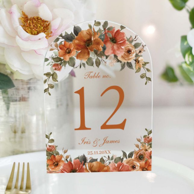 Burnt Orange Copper Floral Wedding Table Number (Creator Uploaded)