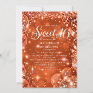 Burnt Orange Copper Sparkle Disco Ball Sweet 16 Invitation