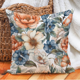 Burnt Orange Cream Dusty Blue Watercolor Floral Throw Pillow