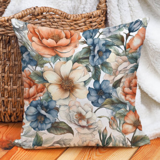 Burnt Orange Cream Dusty Blue Watercolor Floral Throw Pillow