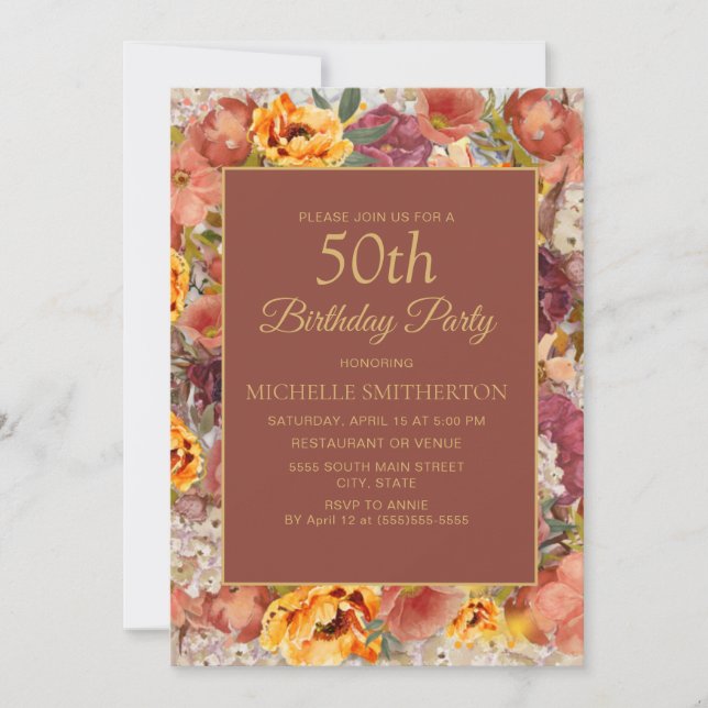 Burnt Orange Cream Rust Floral 50th Birthday Invitation (Front)