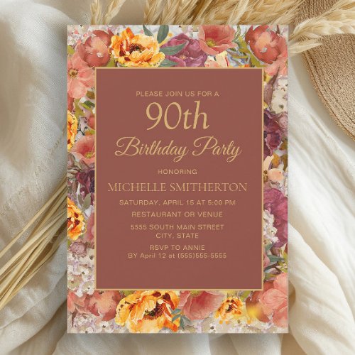 Burnt Orange Cream Rust Floral 90th Birthday  Invitation