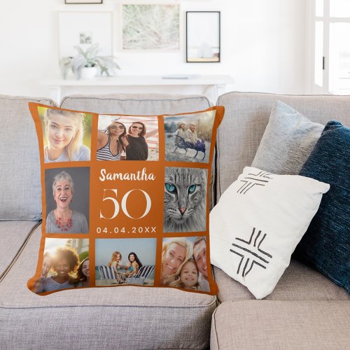 Burnt orange custom photo collage birthday throw pillow