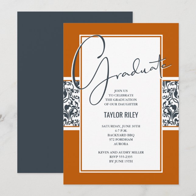 Burnt Orange Dark Gray Damask Graduation Invitation (Front/Back)