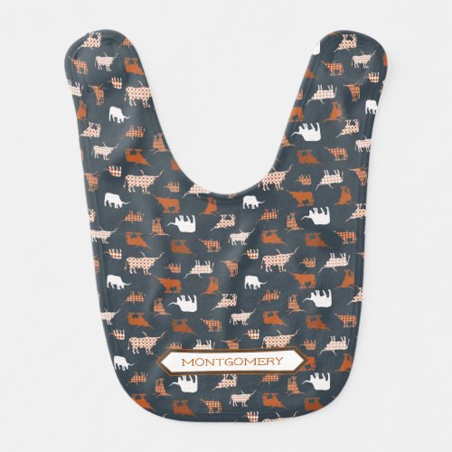 Burnt Orange  Dark Gray Patterned Longhorns Baby Bib