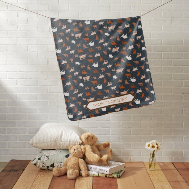 Burnt Orange & Dark Gray Patterned Longhorns Baby Blanket (In Situ)