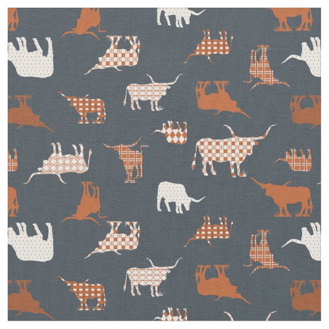 Burnt Orange & Dark Gray Patterned Longhorns Fabric (Close Up)
