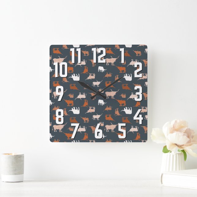 Burnt Orange & Dark Gray Patterned Longhorns Square Wall Clock (Home)