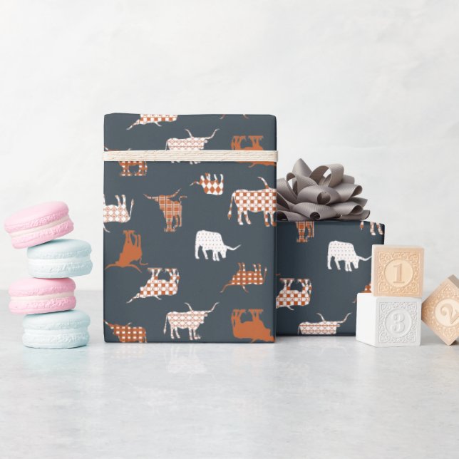 Burnt Orange & Dark Gray Patterned Longhorns Wrapping Paper (Baby Shower)