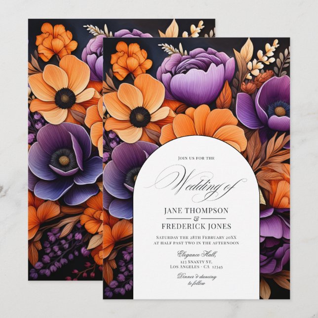 Burnt Orange, Dark Purple and Black Floral Wedding Invitation (Front/Back)