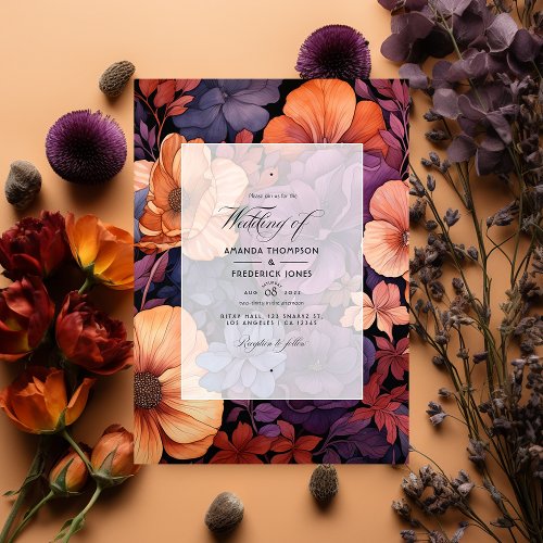 Burnt Orange Dark Purple and Black Floral Wedding Invitation