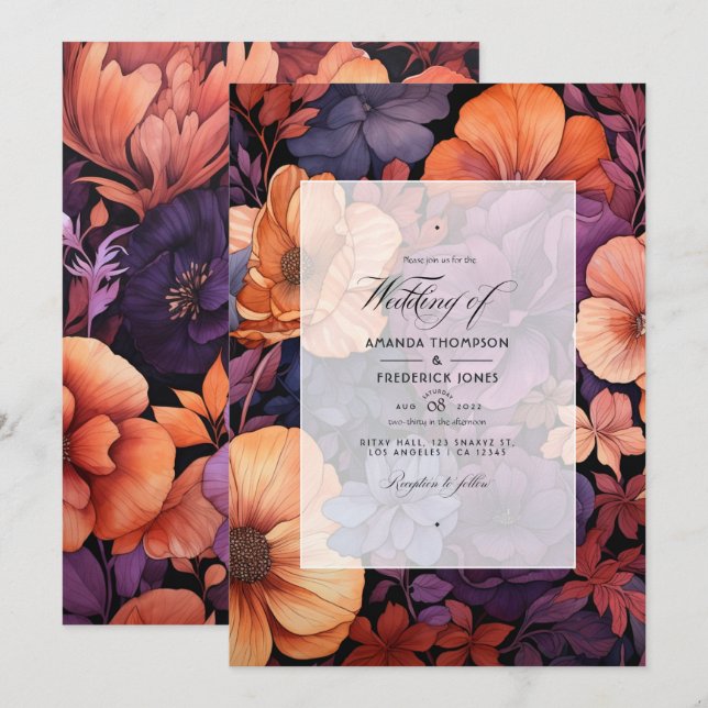 Burnt Orange, Dark Purple and Black Floral Wedding Invitation (Front/Back)