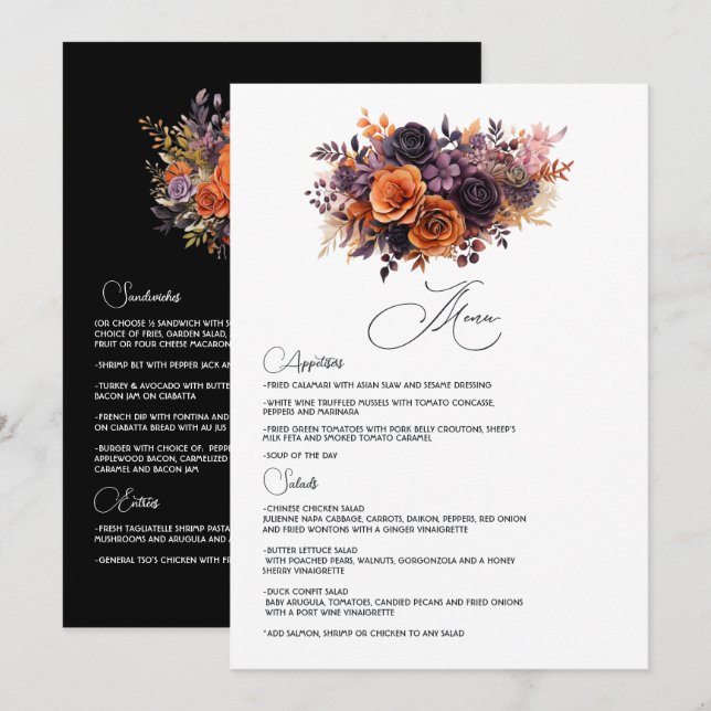 Burnt Orange, Dark Purple and Black Floral Wedding Menu (Front/Back)