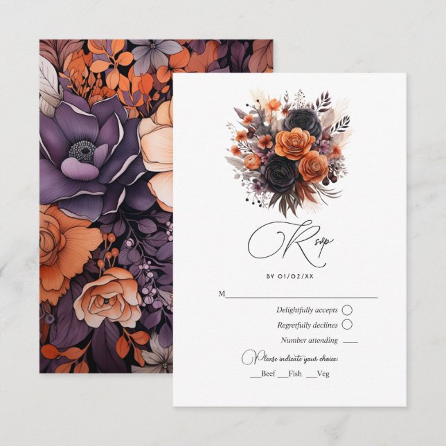 Burnt Orange, Dark Purple and Black Floral Wedding RSVP Card (Front/Back)