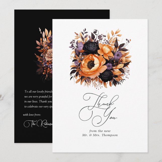 Burnt Orange, Dark Purple and Black Floral Wedding Thank You Card (Front/Back)
