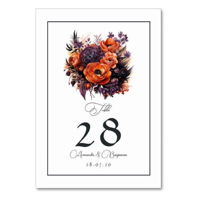 Burnt Orange, Dark Purple & Black Floral Wedding Table Number (Front)
