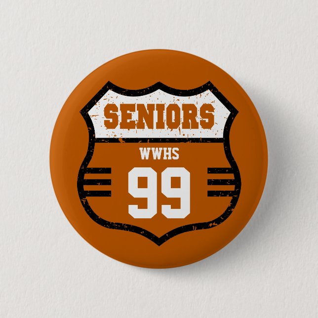 Burnt Orange Distressed Seniors Road Sign Button (Front)