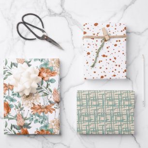 Burnt Orange Dots Floral Green Weave Pattern Wrapping Paper Sheets