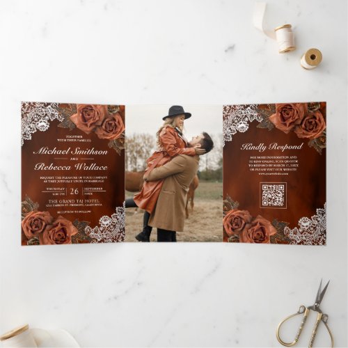 Burnt Orange Dusty Terracotta Rose QR Code Wedding Tri-Fold Invitation