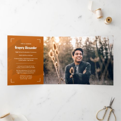 Burnt Orange Edgy Abstract Brushstroke Photo Grad Tri_Fold Invitation