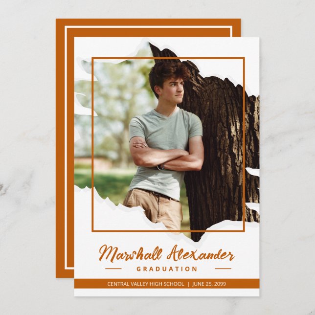 Burnt Orange Edgy Abstract Torn Photo Graduation Invitation (Front/Back)