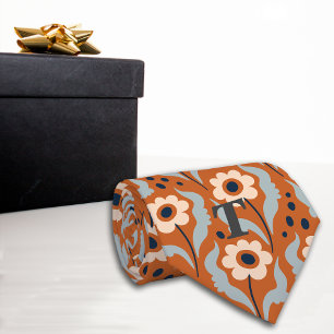 Burnt Orange Egg Flowers Monogram Neck Tie