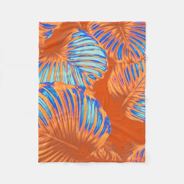 Burnt Orange & Electric Blue Tropical Leaves Fleece Blanket (Front)