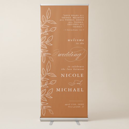 Burnt Orange Elegant Leaves Bible Verse Wedding Retractable Banner