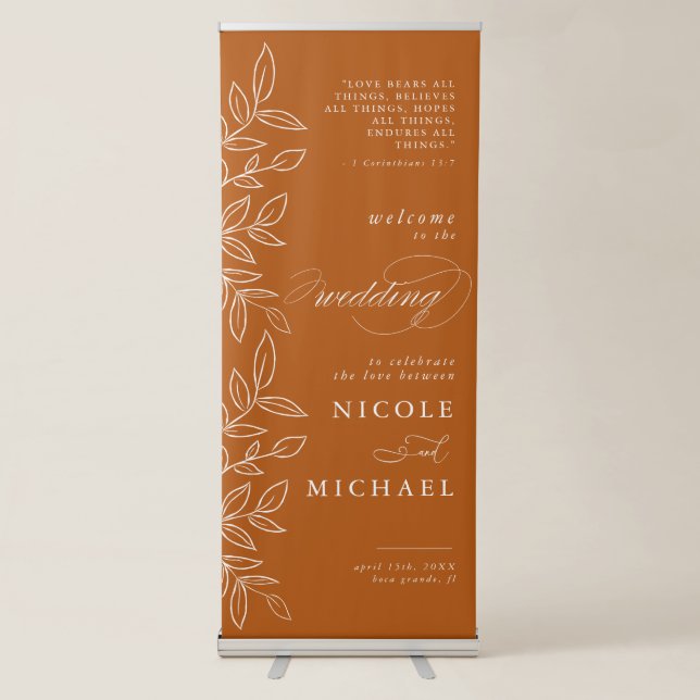 Burnt Orange Elegant Leaves Bible Verse Wedding Retractable Banner (Front)