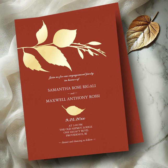 Burnt Orange Engagement Party Foil Invitation (Engagement party invitations orange with gold foil leaves)