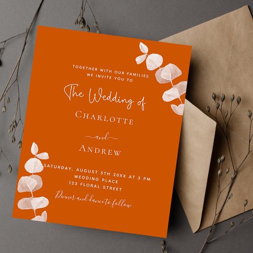 Burnt orange eucalyptus budget wedding invitation