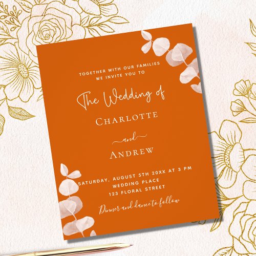 Burnt orange eucalyptus budget wedding invitation flyer