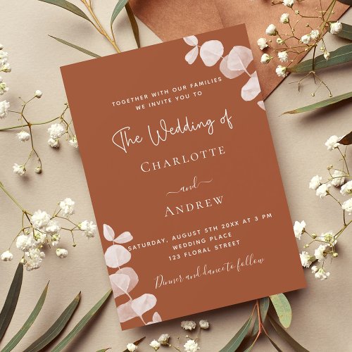 Burnt orange eucalyptus elegant wedding invitation