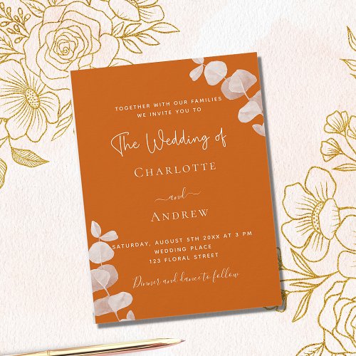Burnt orange eucalyptus luxury wedding invitation