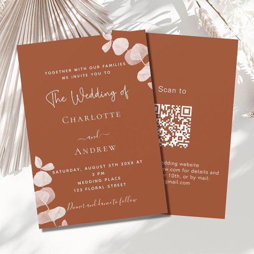 Burnt orange eucalyptus QR code details wedding Invitation