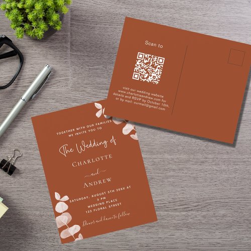 Burnt orange eucalyptus QR code details wedding Invitation Postcard